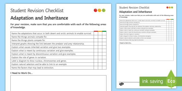 Adaptation and Inheritance Student Revision Checklist