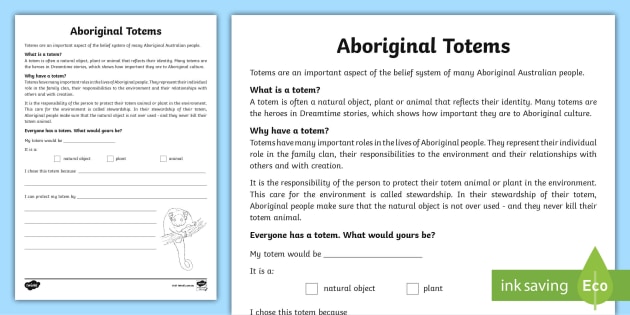 What Would You Have as Your Totem? Worksheet - Year 4 HASS
