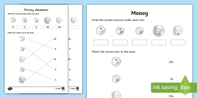 money matching worksheet junior and senior infant maths