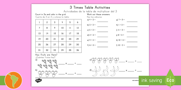 3 Times Table Worksheet English Spanish Teacher Made