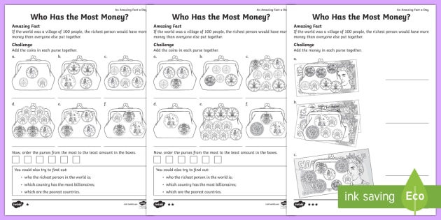 who has the most money money questions ks1 worksheet