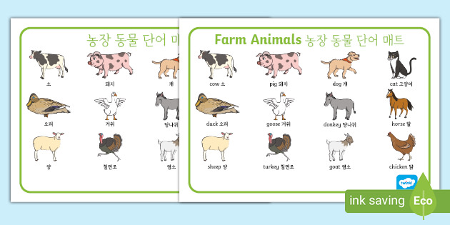 유치원 영어 교재 | 농장 동물 단어 매트 (한,영)