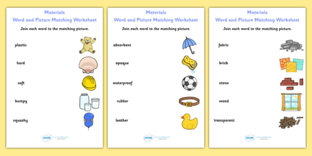 materials word and picture matching worksheet materials