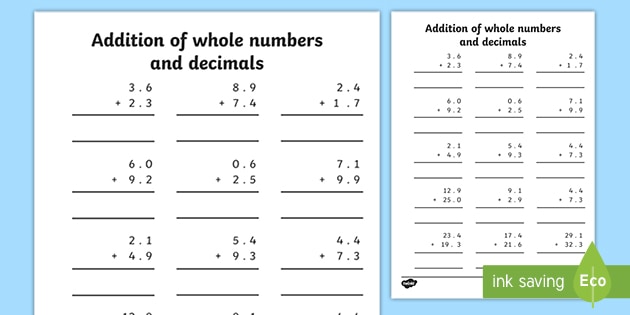 addition-of-whole-numbers-and-decimals-to-one-place-worksheet