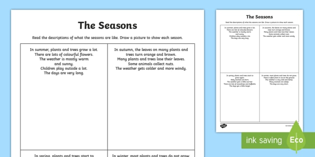 The Seasons Reading Comprehension Worksheet | Literacy