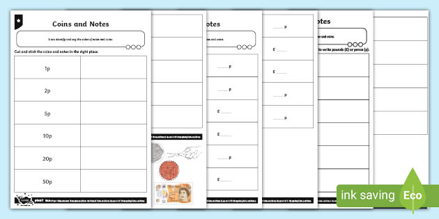 recognizing coins and notes differentiated worksheet worksheets