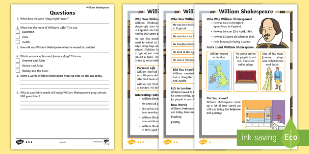 KS1 William Shakespeare Differentiated Reading Comprehension Activity