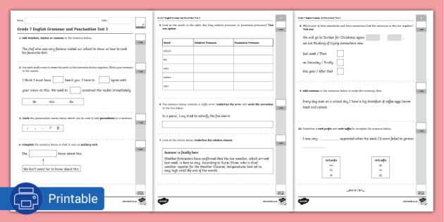 grade 7 punctuation test grammar practise exam 3