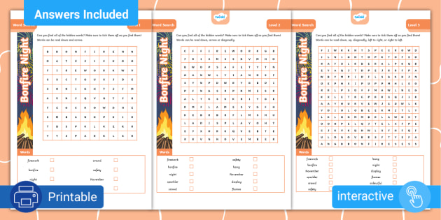 Bonfire Night Word Search - All Levels - Twinkl - Puzzles
