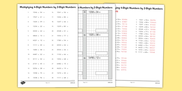 multiplying 4 digit numbers by 2 digit numbers worksheet