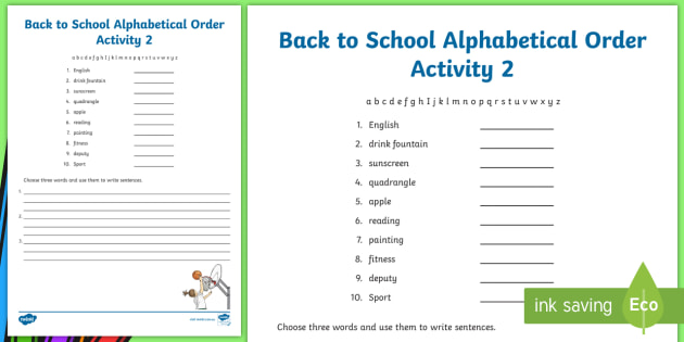 back to school alphabetical order 2 worksheet