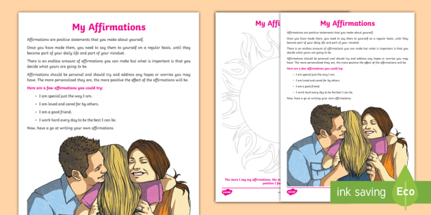 My Affirmations Worksheet - positive thinking, mindset ...