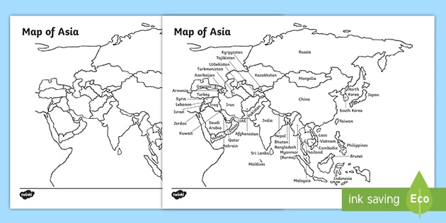 Asia Map Without Names Asia Map With and Without Names Worksheets   (teacher made)