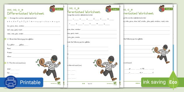 grade 3 phonics ow oa oe differentiated worksheets