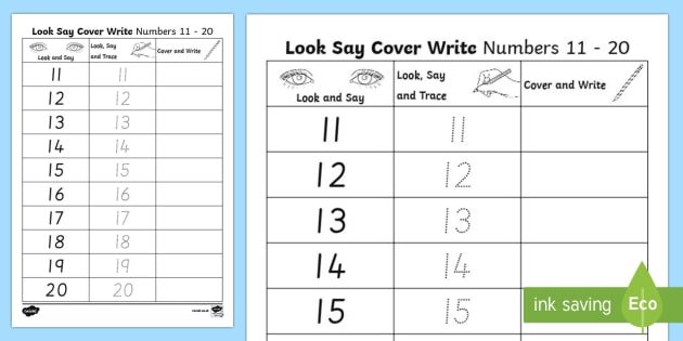 Number Formation 11 to 20 Look, Trace and Write Worksheet / Worksheet