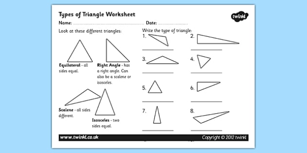 Types of Triangle Worksheet - triangles, shapes, types of