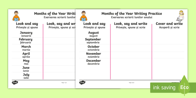 months of the year writing practice worksheet worksheets romanian english