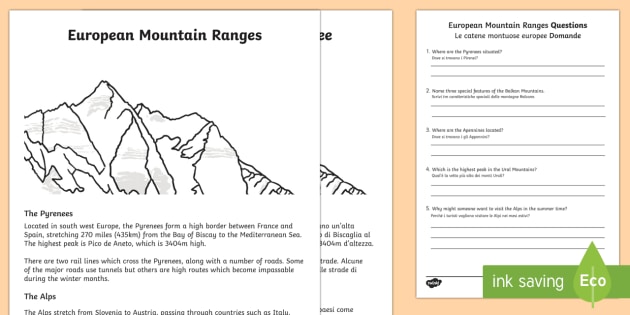 European Mountains KS2 Fact Comprehension Sheet Italian/English