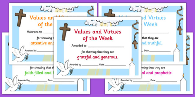 Values and Virtues of the Week Certificates (teacher made)