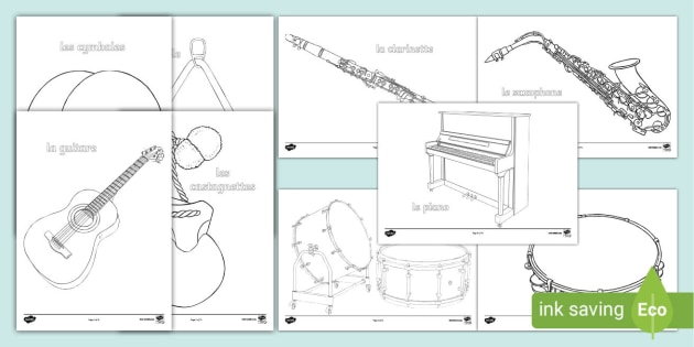 👉 Musical Instruments in French Colouring Sheets