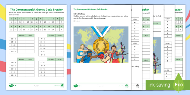 KS1 The Commonwealth Games Code Breaker Worksheets