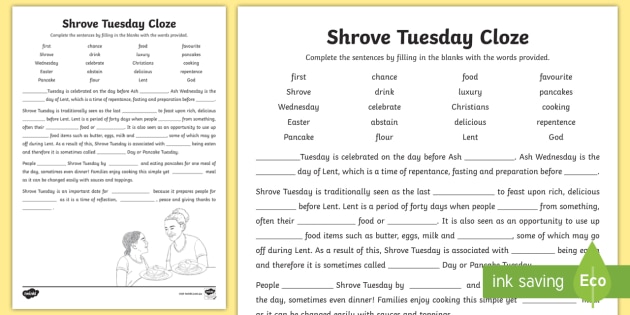 Shrove Tuesday Cloze Activity Sheet - Pancake day