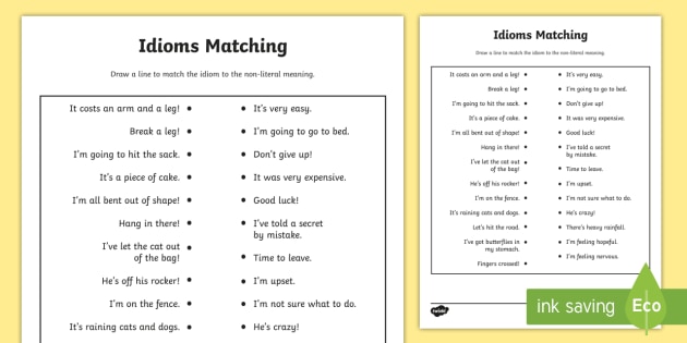 Idioms Matching: Draw A Line To Match The Idiom To The Non-Literal Meaning