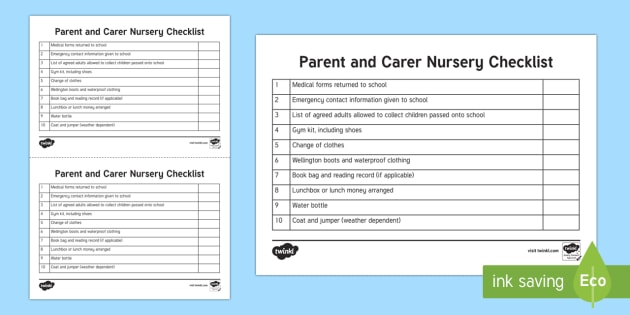 Editable Parent And Carer First Day Checklist For Nursery