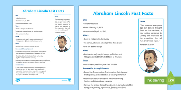 Printable Abraham Lincoln Fact File | Resources | Twinkl