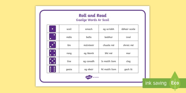 Roll and Read Ar Scoil Words Game Gaeilge (teacher made)