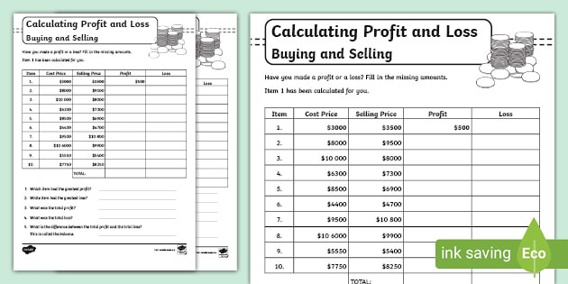 Calculating Profit and Loss Worksheets | Primary Resources