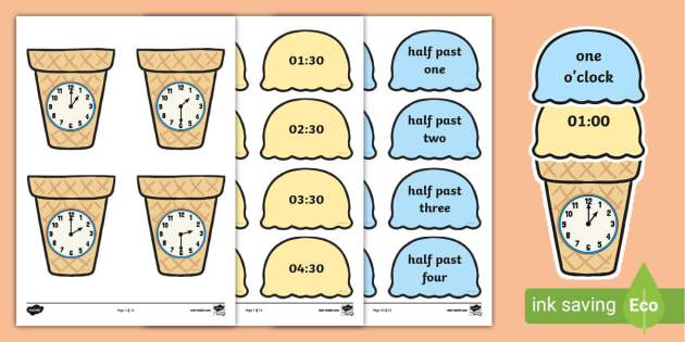 Telling The Time Ice Cream Cone Half Past And O Clock Matching Worksheets