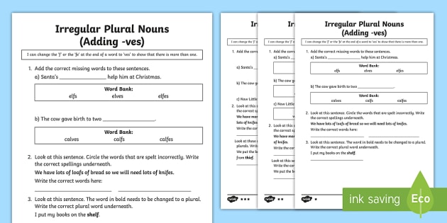 Irregular Plural Nouns Adding ves Worksheet Worksheet