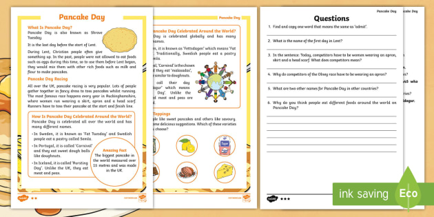 KS1 Pancake Day Differentiated Reading Comprehension 
