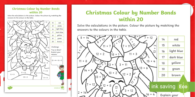 👉 Colour by Number Bonds Within 20 Christmas Worksheet