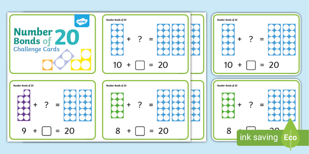 Number Shapes Number Bonds to 20 Challenge Cards - KS1 Maths