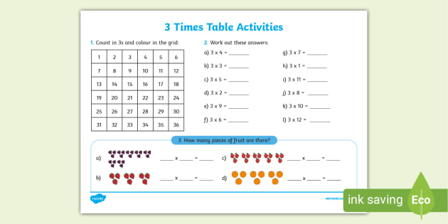 Printable Three Times Table Worksheet - Maths Resources