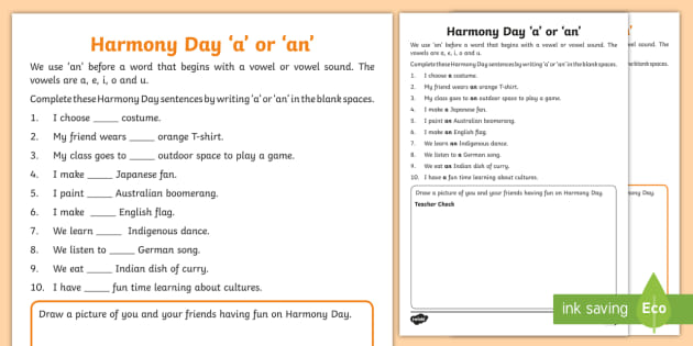 Tas Harmony Day A Or An Worksheet Teacher Made