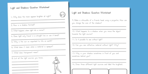 light and shadows question worksheet teacher made