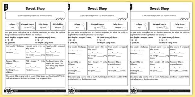 writing multiplication and division number sentences differentiated worksheet