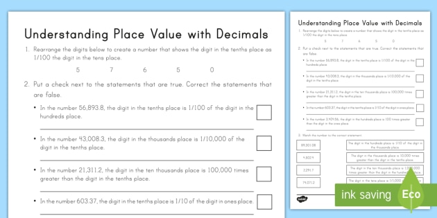 understanding place value with decimals worksheet worksheet