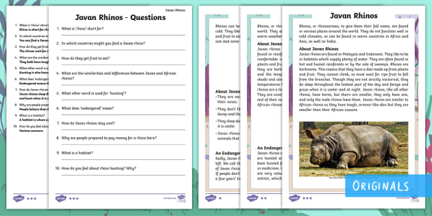 First Level Javan Rhinos Differentiated Reading Comprehension Activity