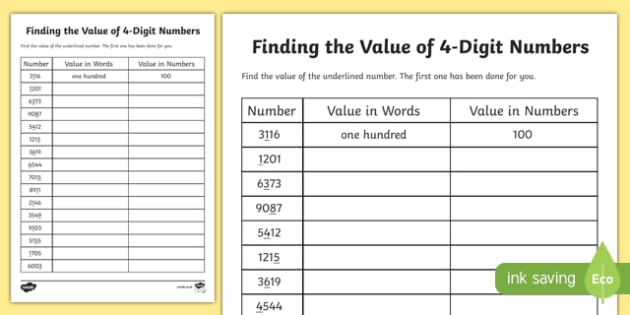 Place Value Finding The Value Of 4 Digit Numbers Worksheet