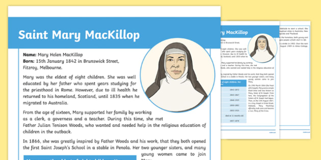 St. Mary MacKillop Timeline