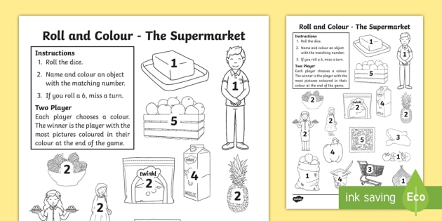 the supermarket aistear roll and colour worksheet