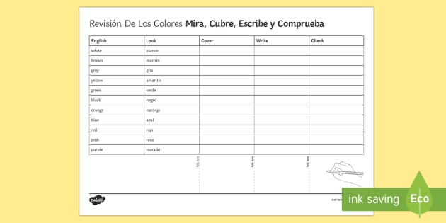colours revision look cover write and check worksheet worksheet spanish