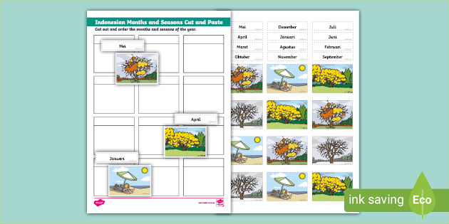 Months of the Year and Seasons Cut and Paste Worksheet Indonesian