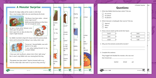 Year 2 A Monster Surprise Differentiated Reading Comprehension Activity