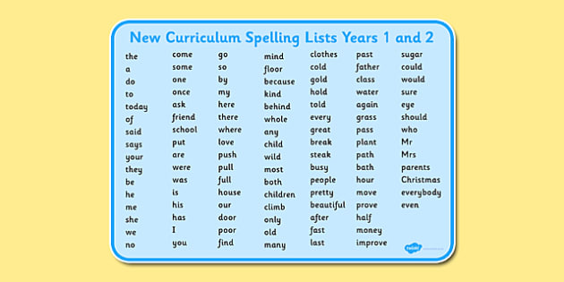 KS1 Spellings For Year 1 And 2