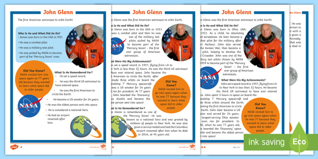 Ks1 John Glenn Differentiated Fact File - Space Week, World